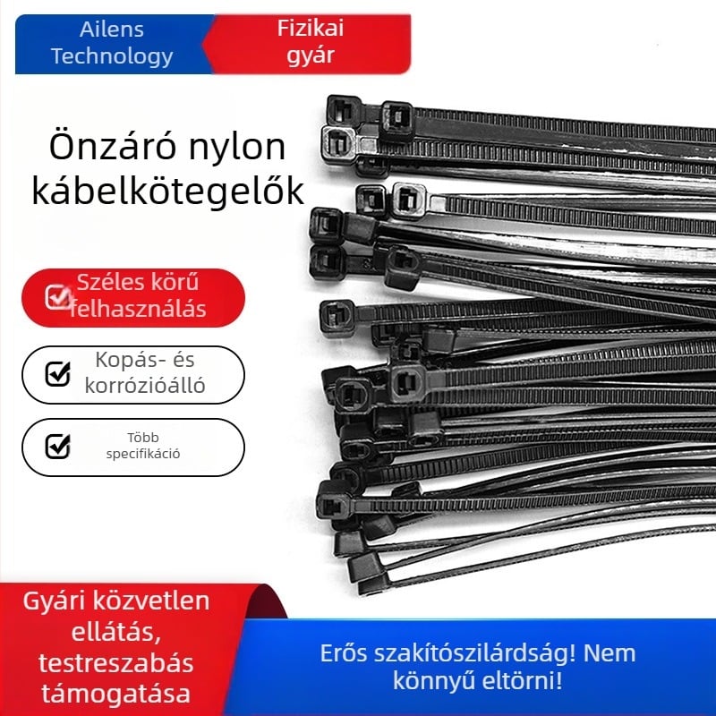 Önzáródó nylon kábelköteg műanyag feszítővel, erős rögzítés, fekete csat