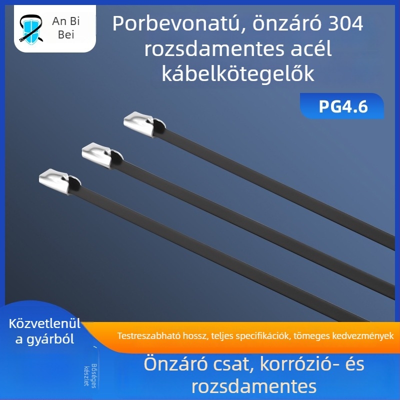 Spray-bevonat rozsdamentes acél kábelkötegek, tengeri minőségű, hosszított kivitel, fekete, önzáró, fém kábelkötők, 4,6 mm szélesség