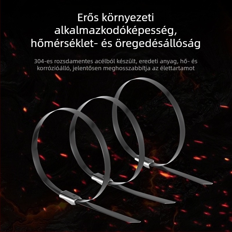 Spray-bevonat rozsdamentes acél kábelkötegek, tengeri minőségű, hosszított kivitel, fekete, önzáró, fém kábelkötők, 4,6 mm szélesség