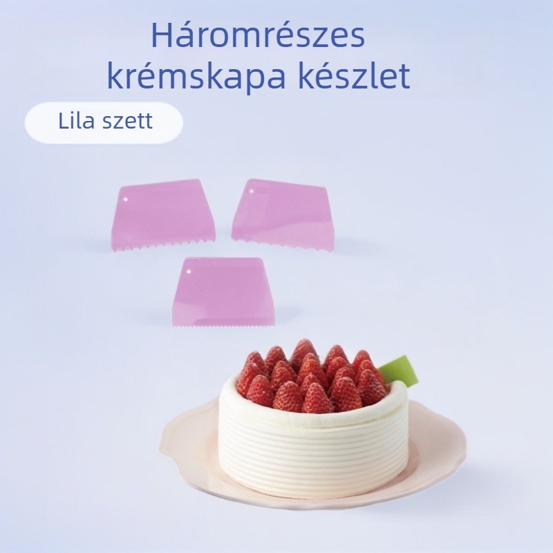 Műanyag háromrészes készlet tortakrém spatulához: kis, nagy és körkörös fogú típusok