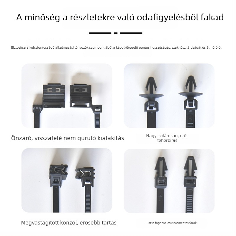 Autóipari nylon kábelszalagok, önzáróak, menetes gomba fejű feszítő, dugó típusú, 0,5 mm vastagság, UL 94 V-2 tűzállóság