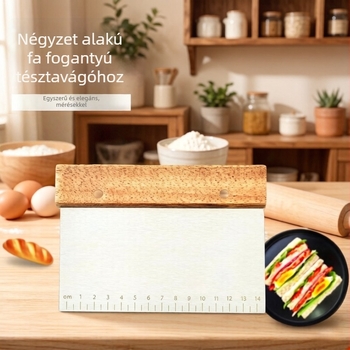 Rozsdamentes acél tésztavágó fokozatos skálával és fa nyéllel, tészta kaparó, rizstészta spatula, tortavágó – sütési kellékek