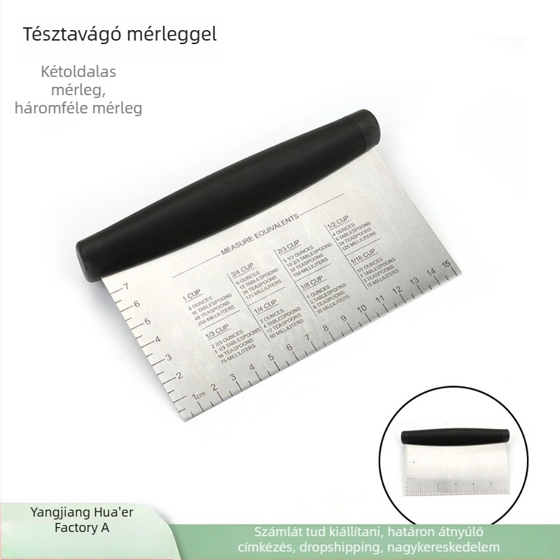 Kétoldalas rozsdamentes acél tészta- és lisztvágó, mérő skálával, konyhai eszköz