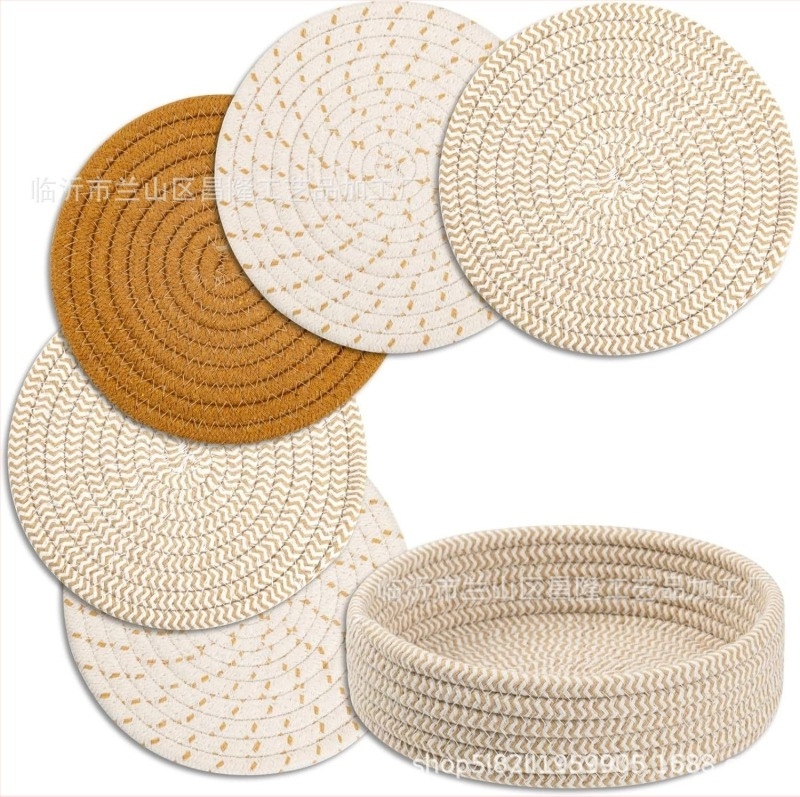 Japán stílusú pamutszálból szőtt hőszigetelő alátét tálakhoz, bögrékhez, tányérokhoz és edényekhez; egyszerű pamut-linó kerek alátét, vastag és csúszásmentes