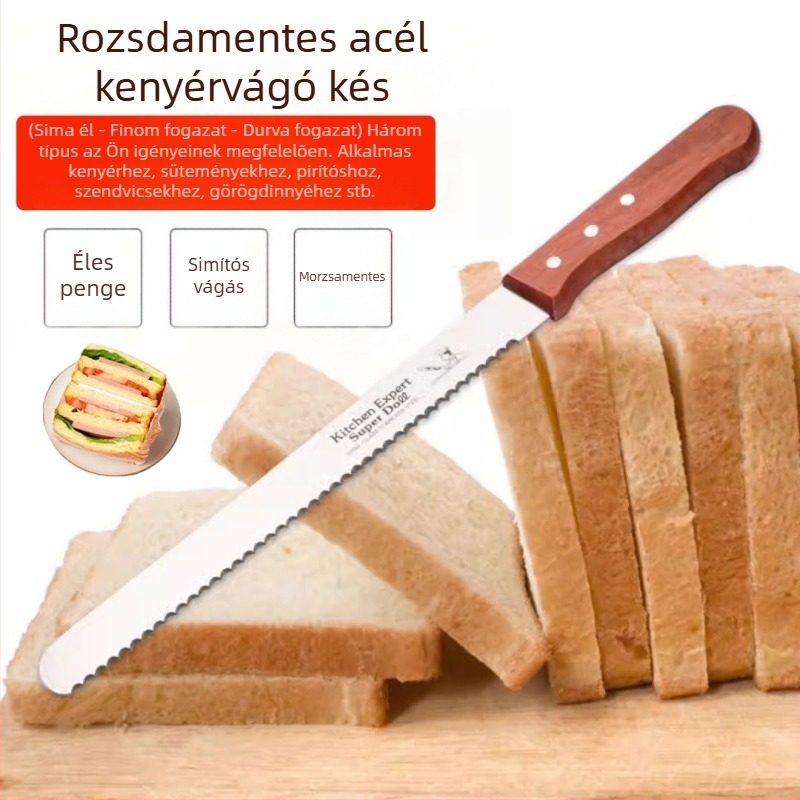 Rozsdamentes acél kenyérvágó kés fa nyéllel, recés, kenyér és torta szeleteléséhez
