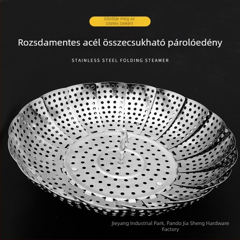Rozsdamentes acélból készült összecsukható lótusz gőzölő tál, kihúzható gőzölő és lecsöpögtető a gyümölcsök és zöldségek számára