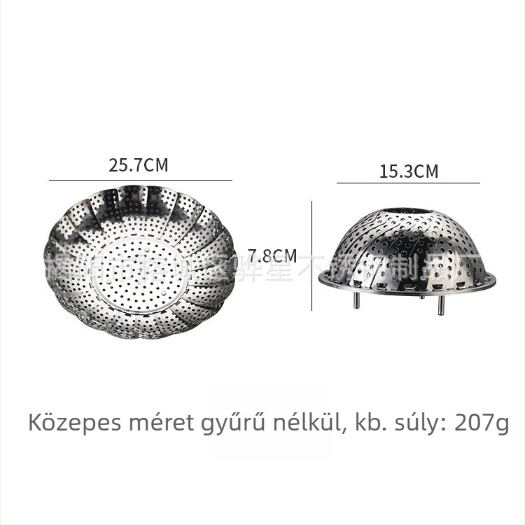 Rozsdamentes acélból készült háztartási gőzölő tál lotus-triángulos dizájnnal, kihúzható összecsukható gőzölő keret és gyümölcsök lefolyására szolgáló tál