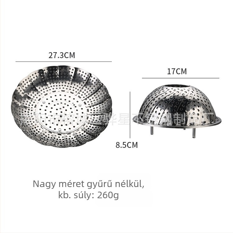 Rozsdamentes acélból készült háztartási gőzölő tál lotus-triángulos dizájnnal, kihúzható összecsukható gőzölő keret és gyümölcsök lefolyására szolgáló tál