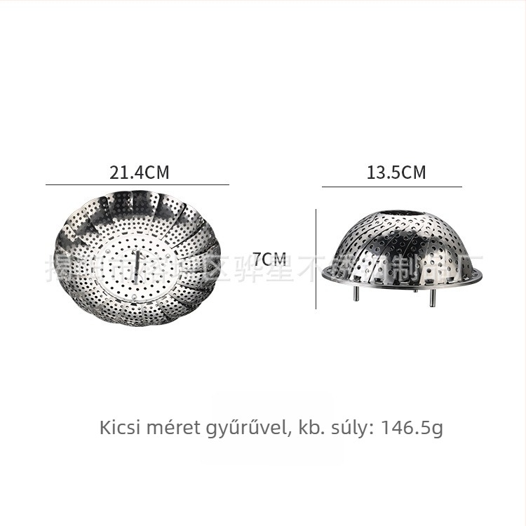 Rozsdamentes acélból készült háztartási gőzölő tál lotus-triángulos dizájnnal, kihúzható összecsukható gőzölő keret és gyümölcsök lefolyására szolgáló tál