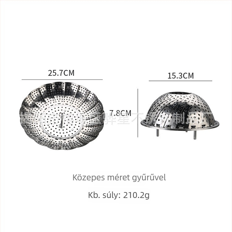 Rozsdamentes acélból készült háztartási gőzölő tál lotus-triángulos dizájnnal, kihúzható összecsukható gőzölő keret és gyümölcsök lefolyására szolgáló tál