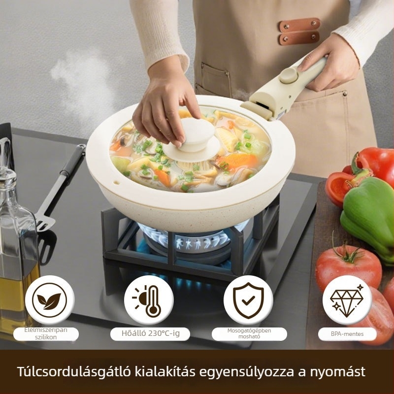 Élelmiszer-minőségű szilikon fedő edényekhez, edzett üveggel, hőálló, tömítő, levehető fogantyúval, a serpenyőhöz és tejfőző edényhez