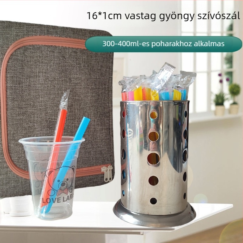 Egyszer használatos bubble tea pohár hegyes végű, színes gyümölcsdarabokkal és nagy szívószállal, élelmiszer-minőségű, egyenként csomagolva