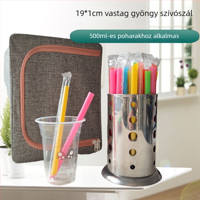 Egyszer használatos bubble tea pohár hegyes végű, színes gyümölcsdarabokkal és nagy szívószállal, élelmiszer-minőségű, egyenként csomagolva