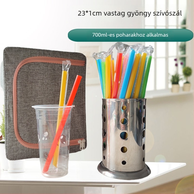 Egyszer használatos bubble tea pohár hegyes végű, színes gyümölcsdarabokkal és nagy szívószállal, élelmiszer-minőségű, egyenként csomagolva