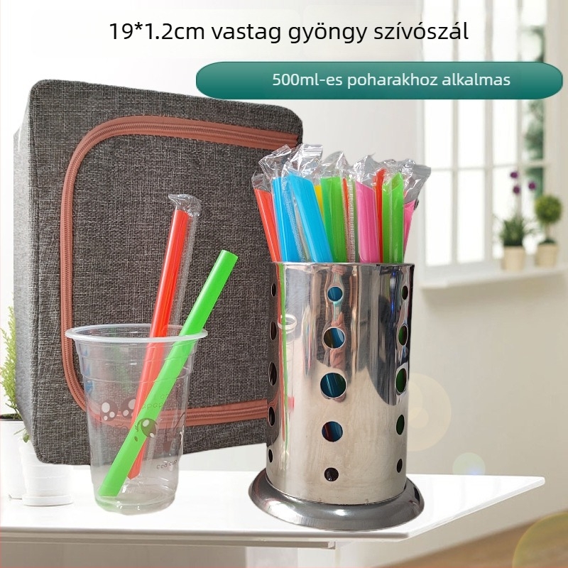 Egyszer használatos bubble tea pohár hegyes végű, színes gyümölcsdarabokkal és nagy szívószállal, élelmiszer-minőségű, egyenként csomagolva