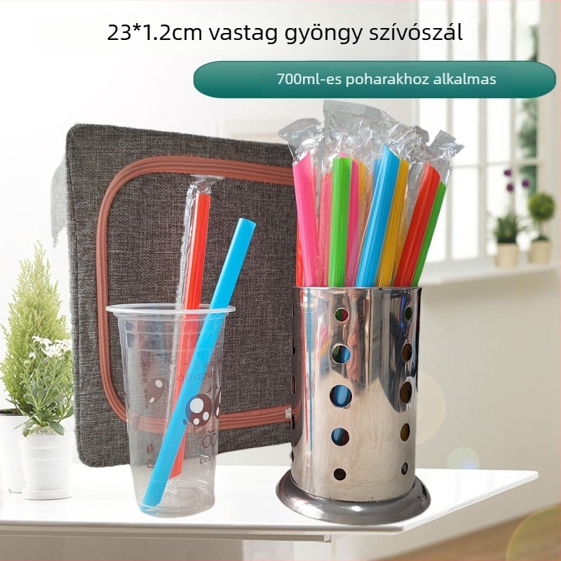 Egyszer használatos bubble tea pohár hegyes végű, színes gyümölcsdarabokkal és nagy szívószállal, élelmiszer-minőségű, egyenként csomagolva