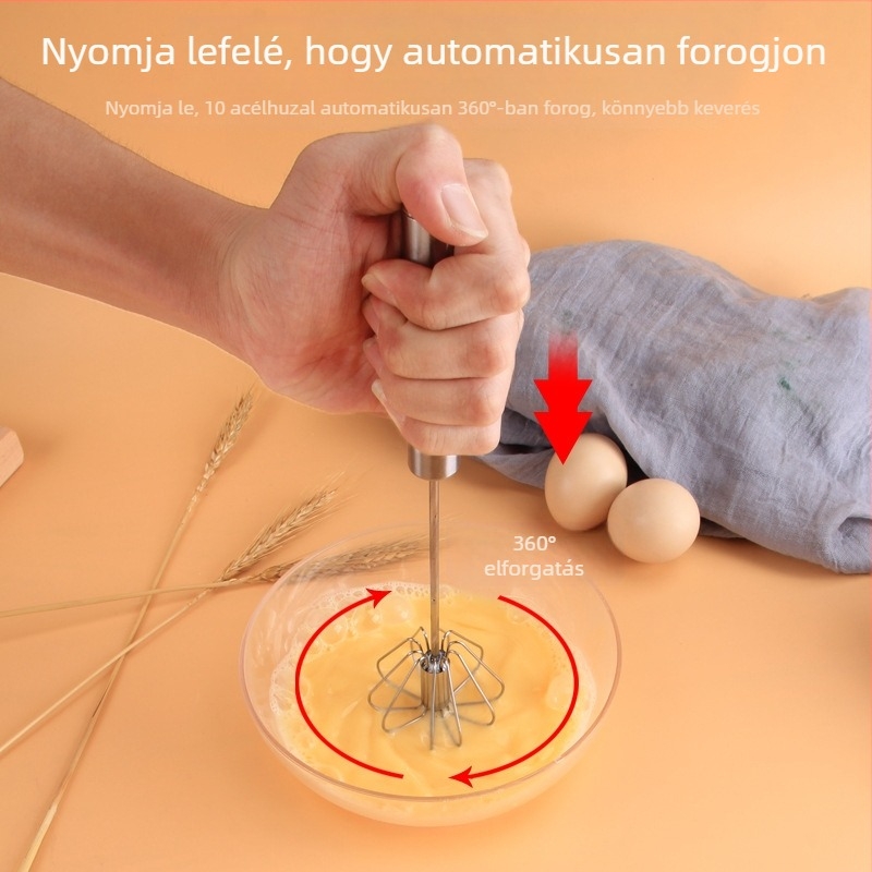 14 hüvelykes rozsdamentes acél forgó tojáshabverő, félautomata, kézi nyomású típus, háztartási használatra
