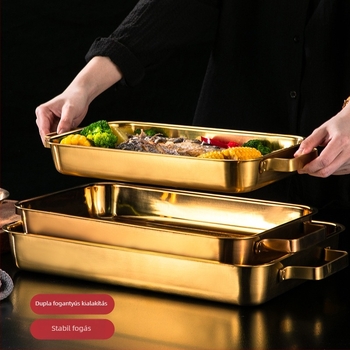 Koreai stílusú rozsdamentes acél halas grill tál, téglalap alakú, két füllel, sütő és indukciós tűzhelyhez, arany felület