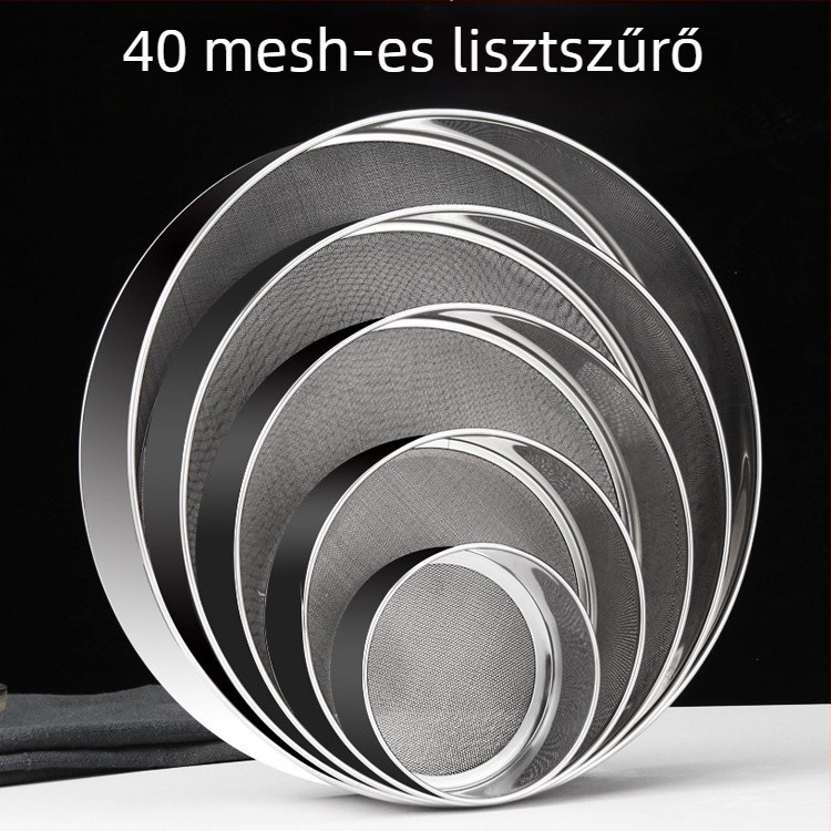 Megvastagított rozsdamentes acélból készült 40-es hálóval, alsó hálóval ellátott liszt-szitó, 10–21 cm, finom porhoz, sütéshez, konyhai eszköz