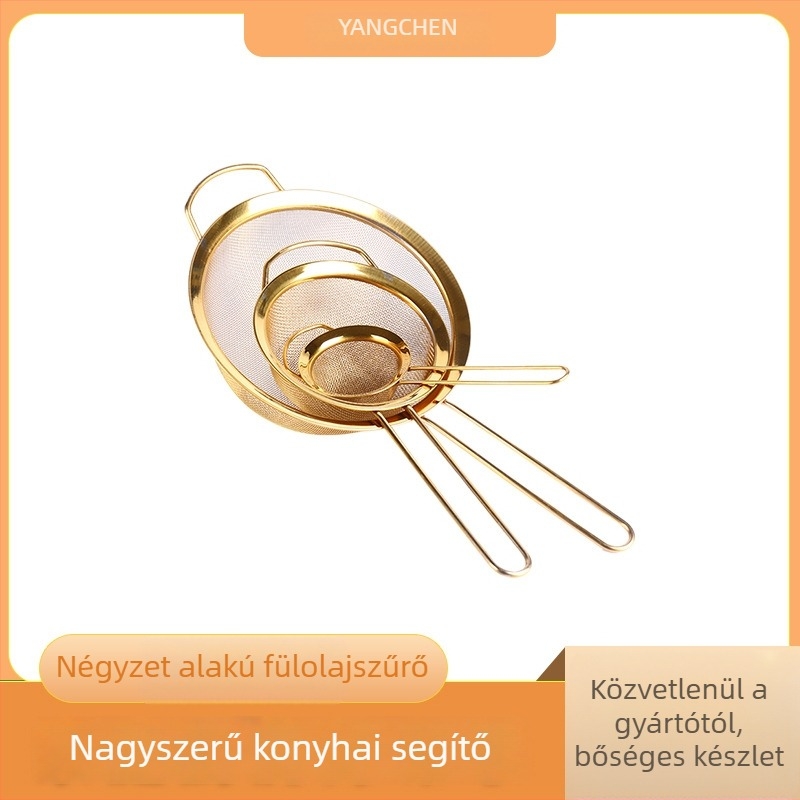 Liszt szitáló készlet: kicsi, közepes és nagy méretben, 201-es rozsdamentes acélból, vákuum aranyozott bevonattal, ferde élű szűrőhálók