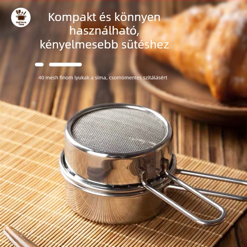 304 rozsdamentes acél liszt-szita, 40-es hálóval, kézi, mini méretű szita otthoni sütéshez, glazúrhoz és matcha por szitálásához