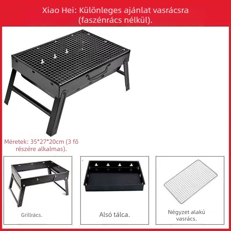 Összecsukható faszenes grillsütő, hordozható kültéri BBQ készlettel, megerősített eszközökkel 3–6 fő részére