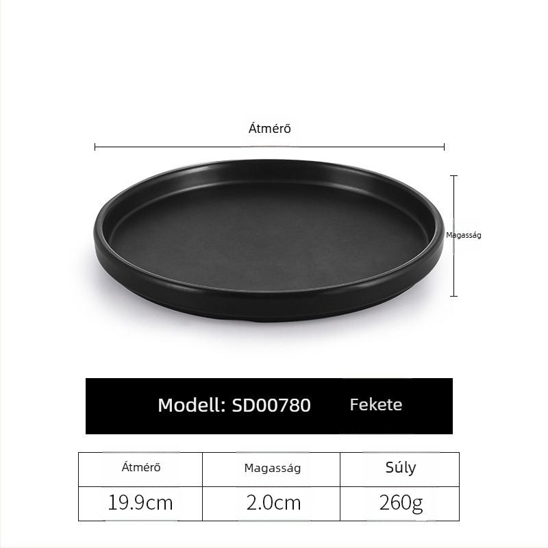 Kaibaiya fekete melamín kör alakú tál, porcelán utáni felülettel, lapos tál grillsütéshez és nyugati ételekhez