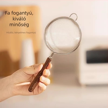 304 rozsdamentes acél liszt szita diófa fogantyúval — többfunkciós szűrő sütéshez, szójatej szűréséhez és babaétel előkészítéséhez