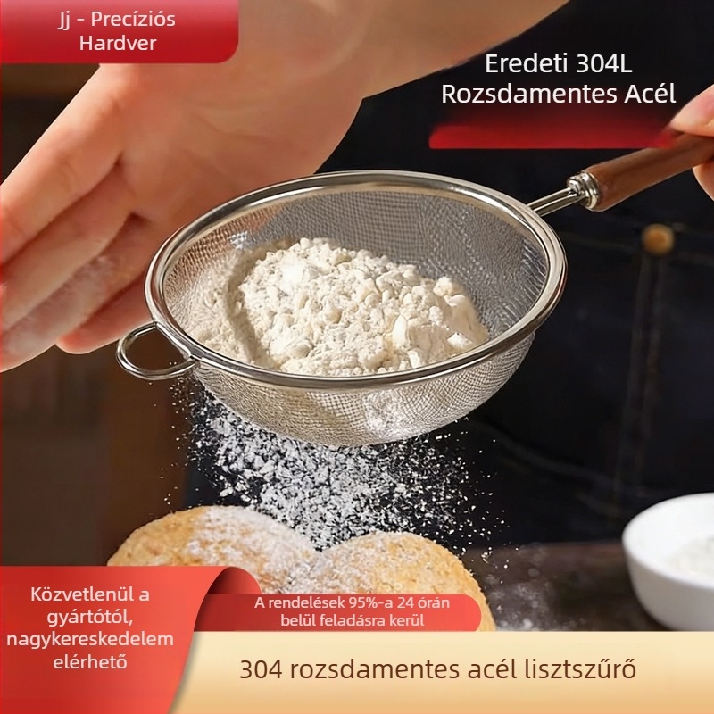 304 rozsdamentes acél liszt szita diófa fogantyúval — többfunkciós szűrő sütéshez, szójatej szűréséhez és babaétel előkészítéséhez