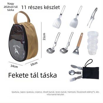 Átlátszó tál és evőeszköz készlet kempingezéshez összecsukható tároló táskával