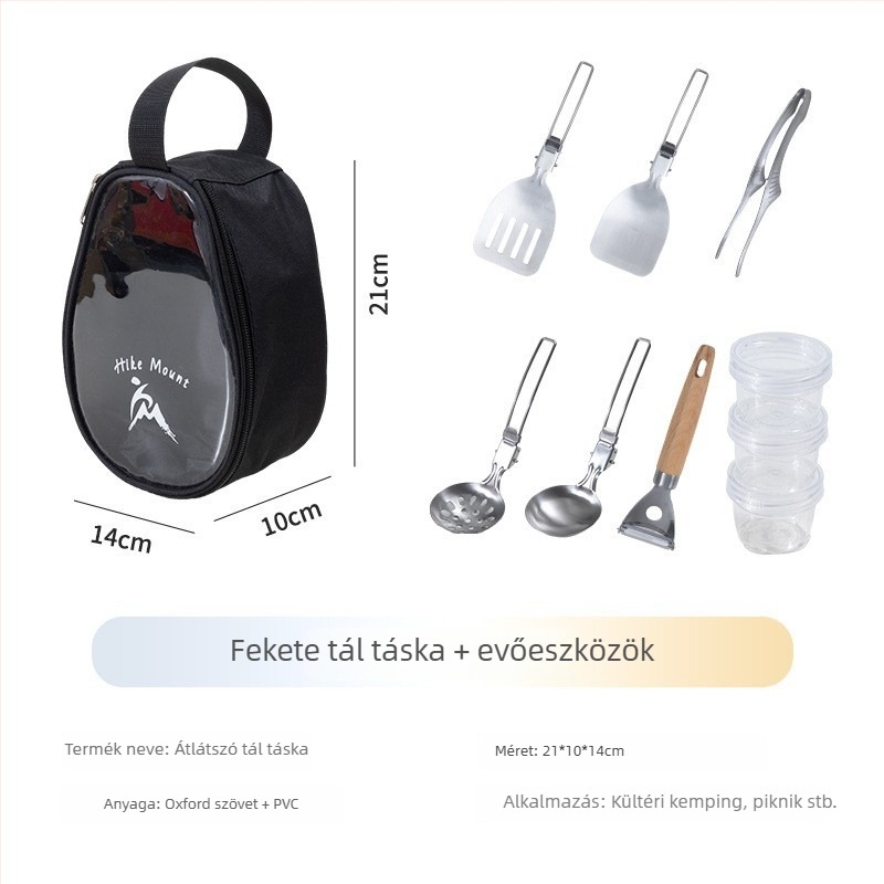 Átlátszó tál és evőeszköz készlet kempingezéshez összecsukható tároló táskával