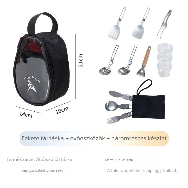 Átlátszó tál és evőeszköz készlet kempingezéshez összecsukható tároló táskával
