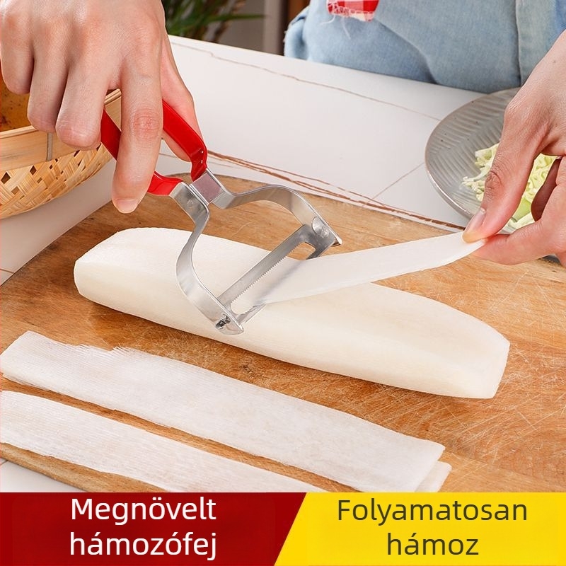 Rozsdamentes acélból készült többfunkciós hámozó és szeletelő zöldségekhez és gyümölcsökhöz — uborka és retek szeletelésére