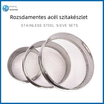 Rozsdamentes acélból készült hálós szitakomplett, átmérő 30 cm, 25 cm és 20 cm; kertészeti talaj- és kavicsszita 1-15 mm nyílásokkal.