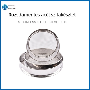 Rozsdamentes acélból készült hálós szitakomplett, átmérő 30 cm, 25 cm és 20 cm; kertészeti talaj- és kavicsszita 1-15 mm nyílásokkal.