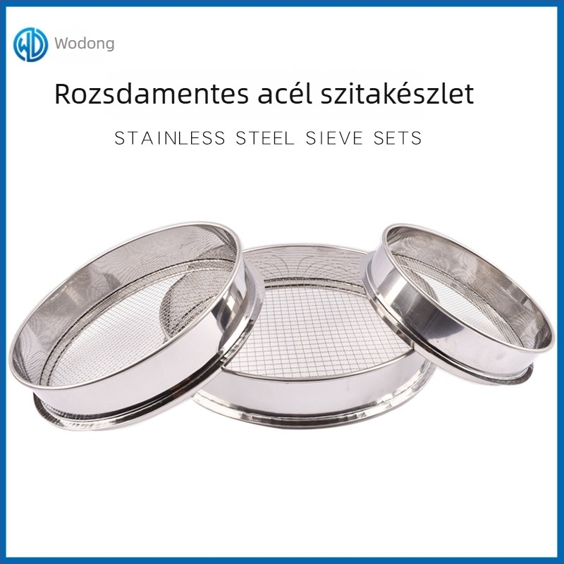 Rozsdamentes acélból készült hálós szitakomplett, átmérő 30 cm, 25 cm és 20 cm; kertészeti talaj- és kavicsszita 1-15 mm nyílásokkal.