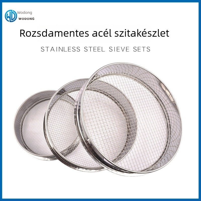 Rozsdamentes acélból készült hálós szitakomplett, átmérő 30 cm, 25 cm és 20 cm; kertészeti talaj- és kavicsszita 1-15 mm nyílásokkal.