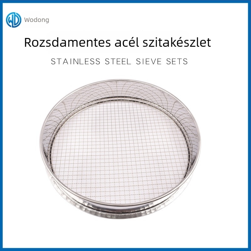 Rozsdamentes acélból készült hálós szitakomplett, átmérő 30 cm, 25 cm és 20 cm; kertészeti talaj- és kavicsszita 1-15 mm nyílásokkal.