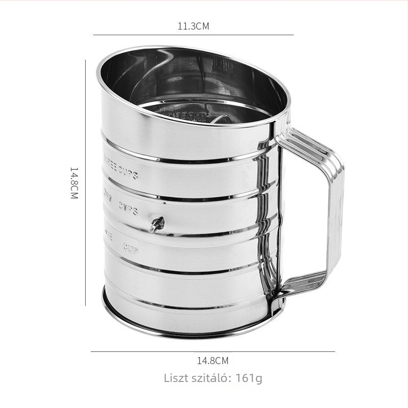 Rozsdamentes acél liszt szita, pohár alakú, mérőskálával, modern minimalist dizájn