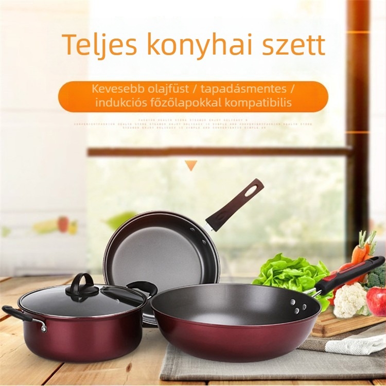 Háromrészes vas edénykészlet: leveslábas, serpenyő és wok, tapadásmentes felülettel, ajándékdobozban