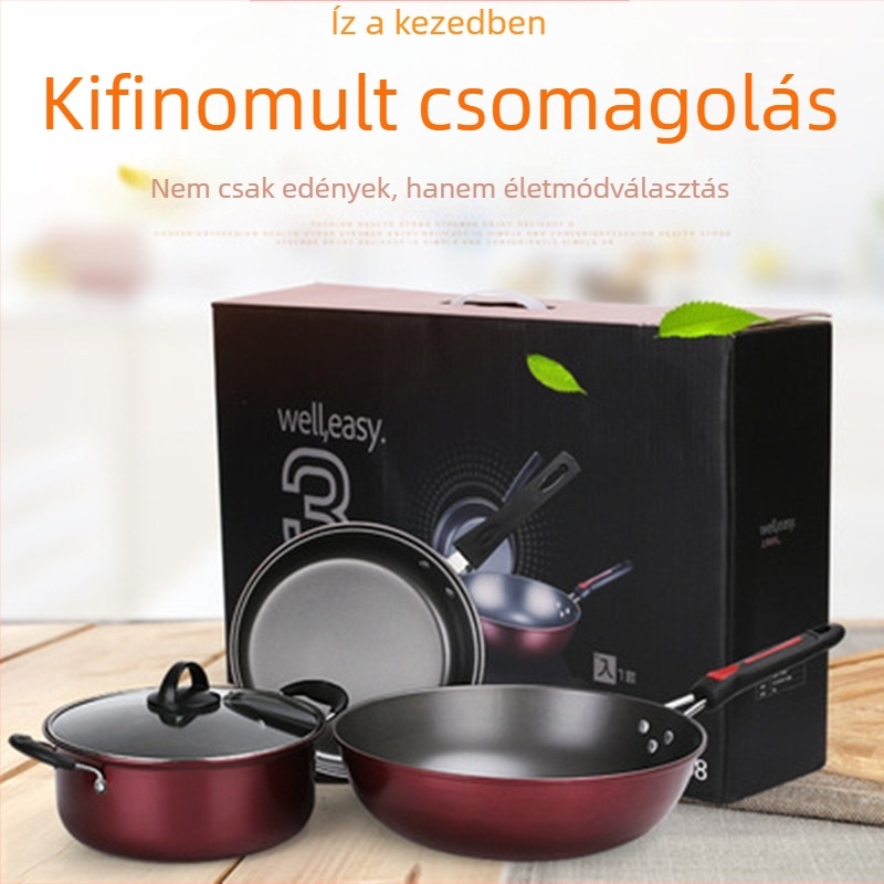 Háromrészes vas edénykészlet: leveslábas, serpenyő és wok, tapadásmentes felülettel, ajándékdobozban