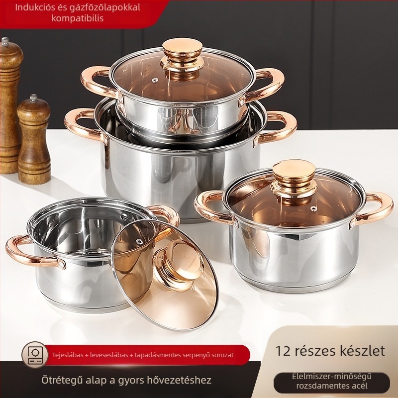 12 darabos rozsdamentes acél edénykészlet üveges fedőkkel, modell Cycs23412, 201 rozsdamentes acél, nyugati stílus