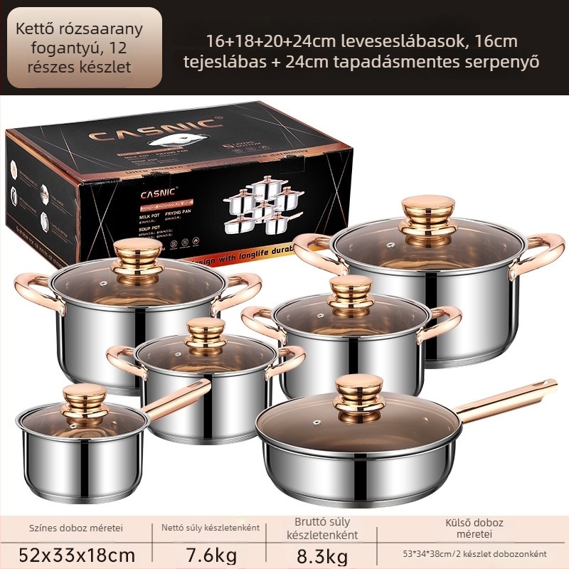 12 darabos rozsdamentes acél edénykészlet üveges fedőkkel, modell Cycs23412, 201 rozsdamentes acél, nyugati stílus