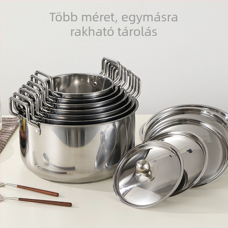 Rozsdamentes acélból készült dupla fogantyús leveskészlet, vastagított kivitel, dupla aljjal, levesekhez és pörköltekhez