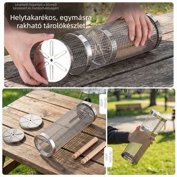 Fa nyelű rozsdamentes acél kör alakú grillkosár, hordozható kültéri grillezéshez