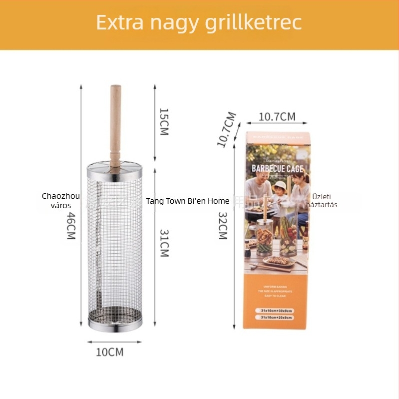 Fa nyelű rozsdamentes acél kör alakú grillkosár, hordozható kültéri grillezéshez