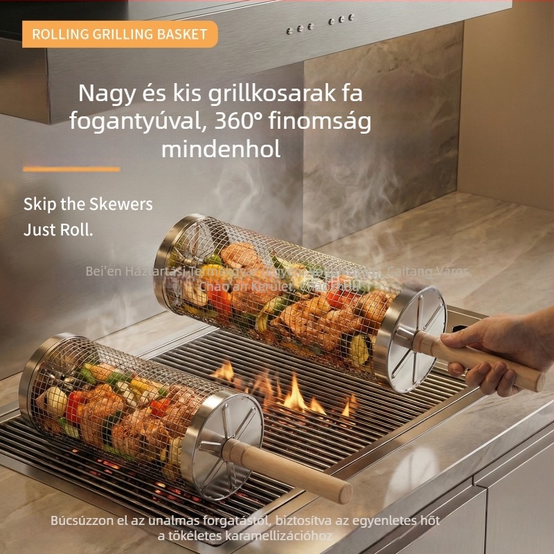 Fa nyelű rozsdamentes acél kör alakú grillkosár, hordozható kültéri grillezéshez