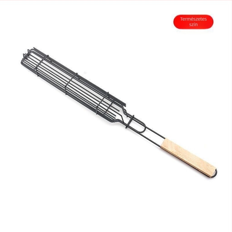 Kültéri barbecue kiegészítők: fa fogantyújú kolbászkosár, grillklipsz és nem tapadó bevonatú rács
