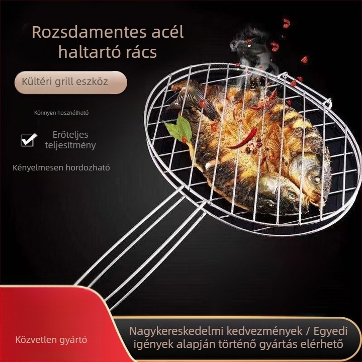Rozsdamentes acél halas grillklip fogóval és fogantyúval, nagy grillháló