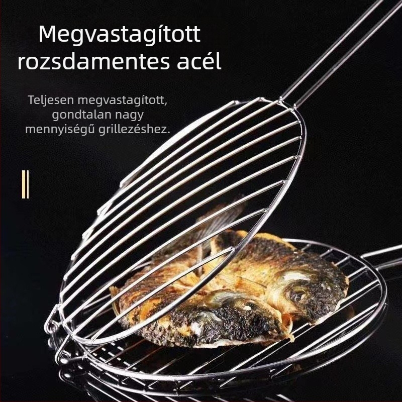 Rozsdamentes acél halas grillklip fogóval és fogantyúval, nagy grillháló